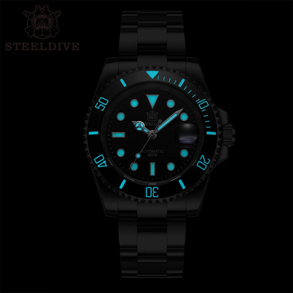 ساعة غوص أوتوماتيكية STEELDIVE SD1953 بمينا سوداء وإطار سيراميك أخضر وزجاج ياقوت NH35 مقاومة للماء حتى عمق 300 متر للرجال