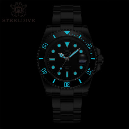 ساعة غوص أوتوماتيكية STEELDIVE SD1953 بمينا سوداء وإطار سيراميك أخضر وزجاج ياقوت NH35 مقاومة للماء حتى عمق 300 متر للرجال