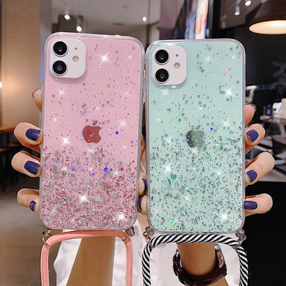 With Neck Strap Rope Cord Clear Glitter Case for iphone 11 12 13 14 15 pro max se 2 2020 2022 Crossbody Lanyard Cover Fundas