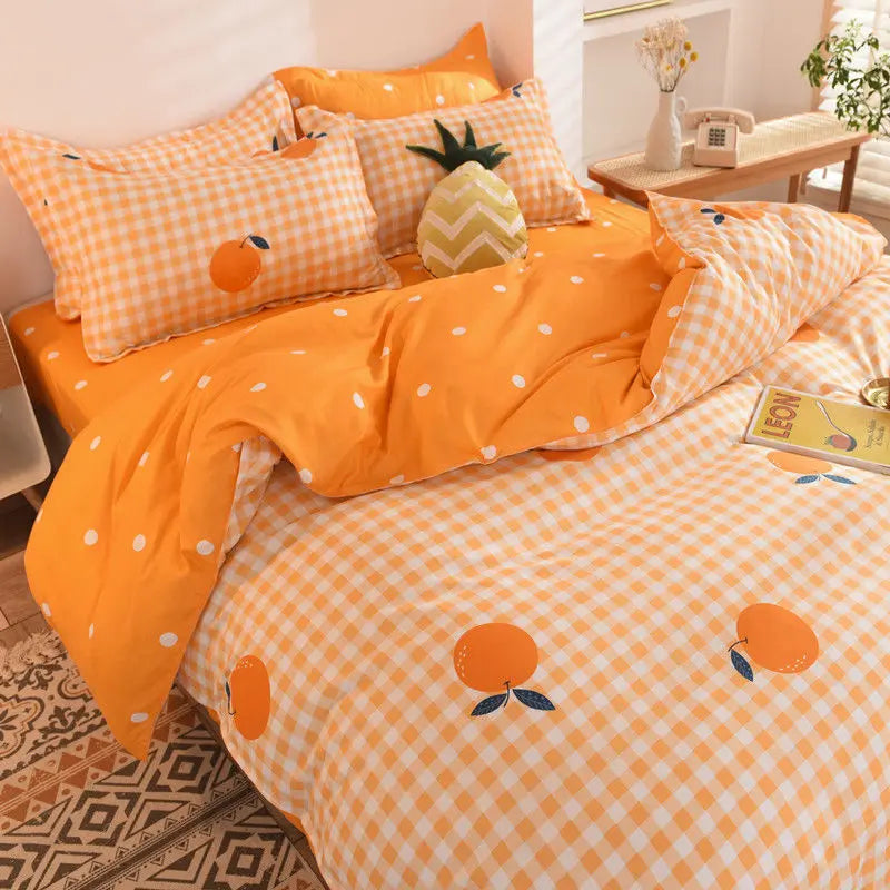 Orange Bedding Set Girls Boys Bed Linen Sheet Plaid Duvet Cover No Filling 240x220 Single Double Queen King Bedclothes