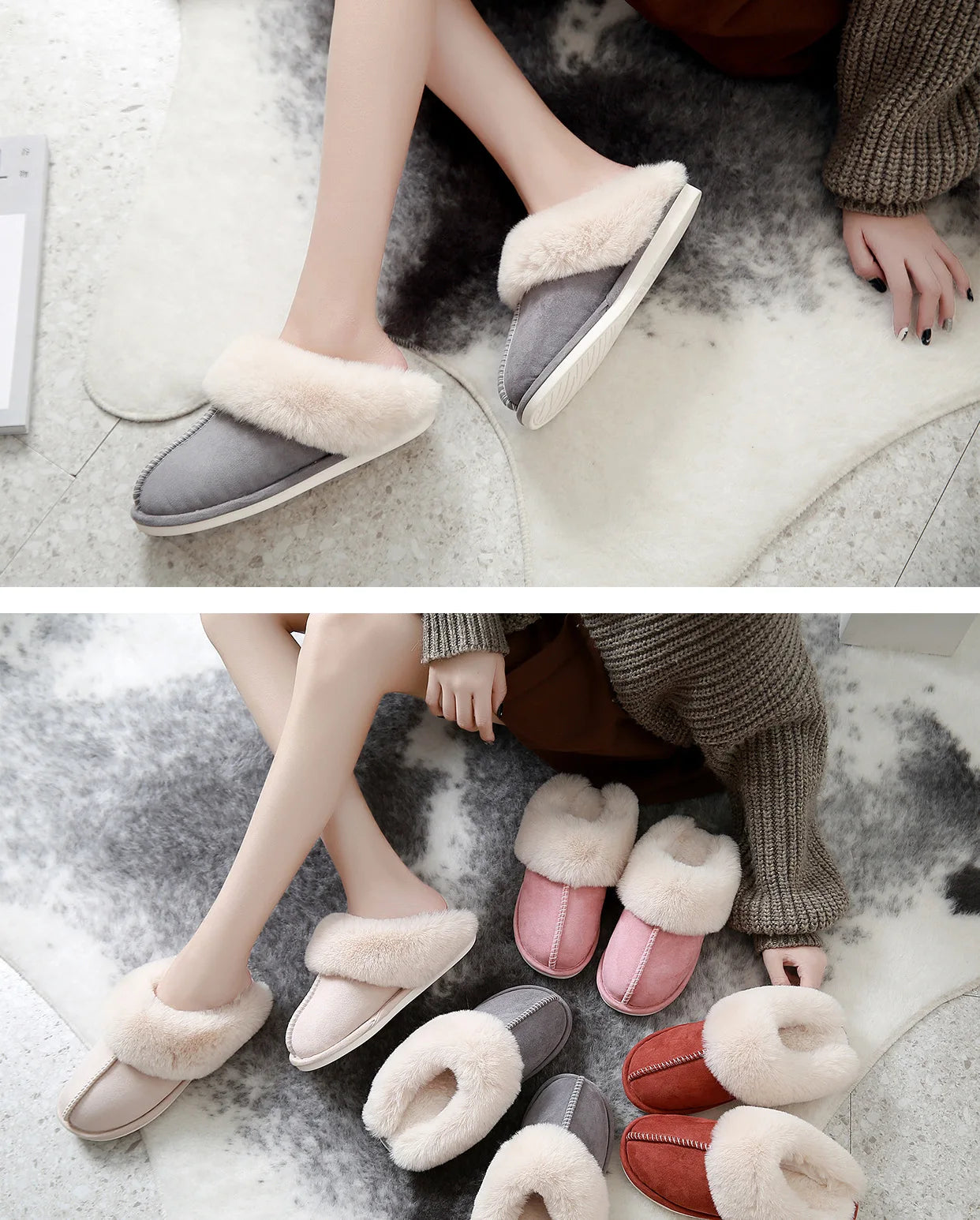 Luxury Faux Suede Home Women Full Fur Slippers Winter Warm Plush Bedroom Non-Slip Couples Shoes Indoor Ladies Furry Slippers