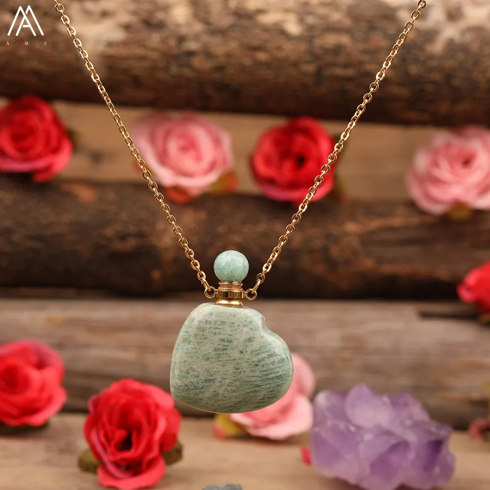 Heart Shape Perfume Bottle Pendant Women Natural Gemstone Crystal Gold Chains Necklace Fashion Boho Jewelry Gifts