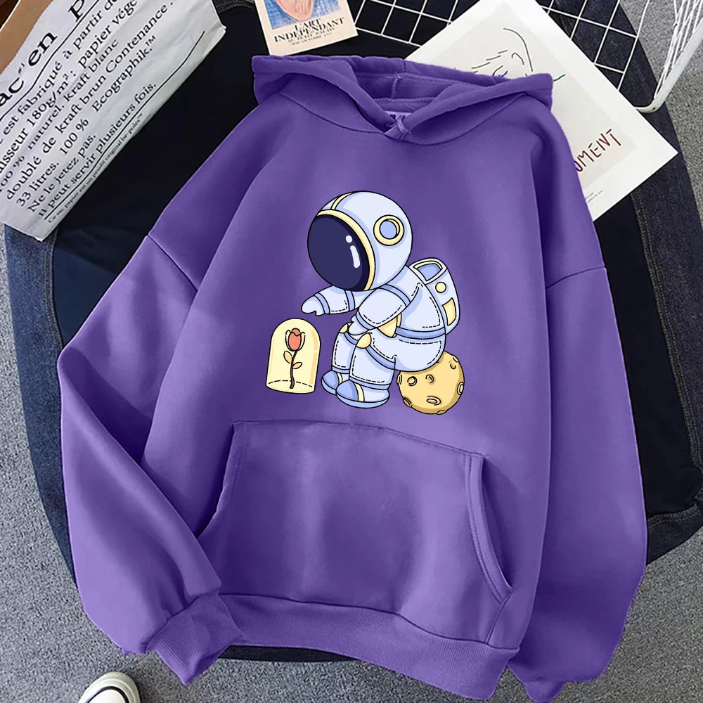 Funny Astronauts Protecting Flowers Pattern Female Clothes Fashion Warm Hooded Loose Casual Hoodies Fleece Pocket Women Pullover