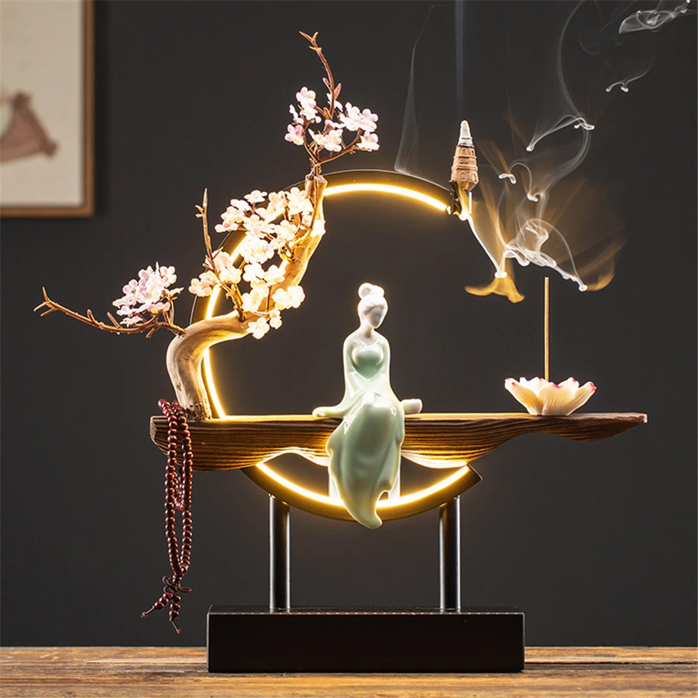 Ceramic Maid Wood Backflow Incense Burner with 20 cone USB Led Light Circle Lotus Buddha Beads Home Office Decoration Furnishing