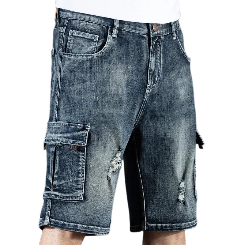 Summer New Jeans Men's Trendy Brand Piercing 5 Shorts Men's Loose Multi Pocket Work Pants Men's Outdoor Clothing