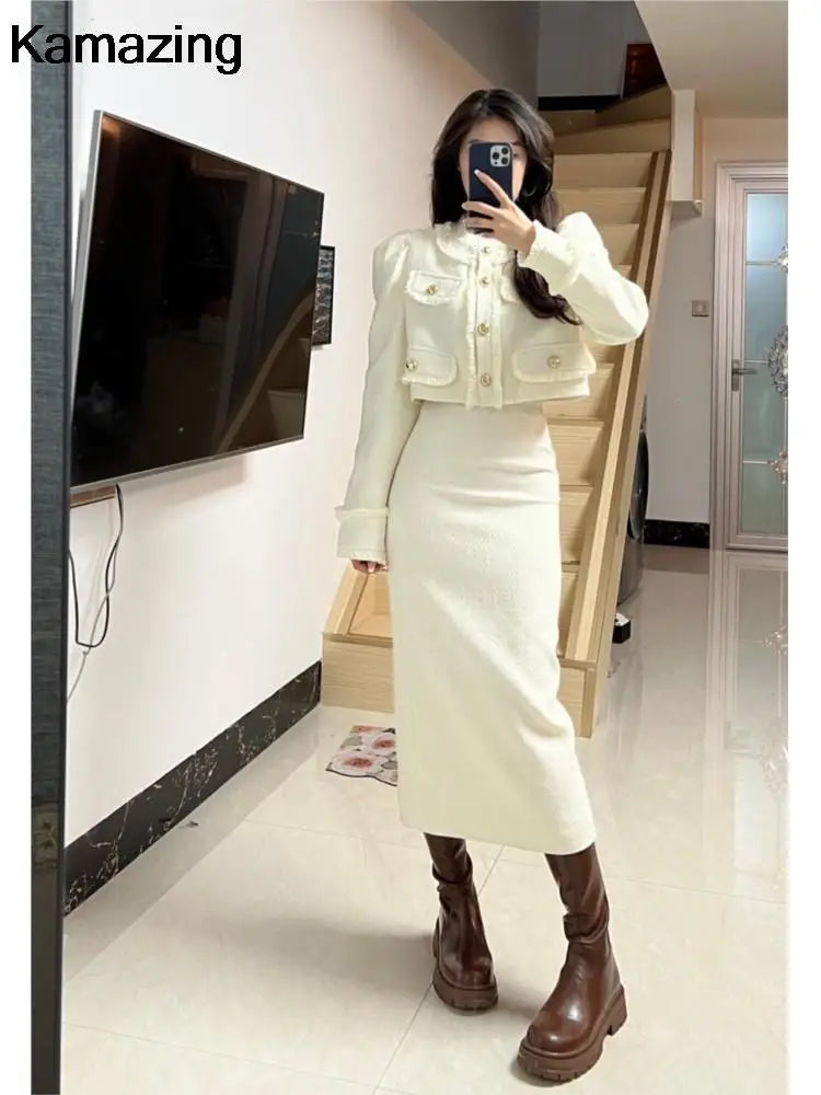 Korean Fashion Elegant Two-piece Skirt Sets Women Crop Jacket Coat Bodycon Midi Skirt Autumn Winter New Female Luxury Outfits