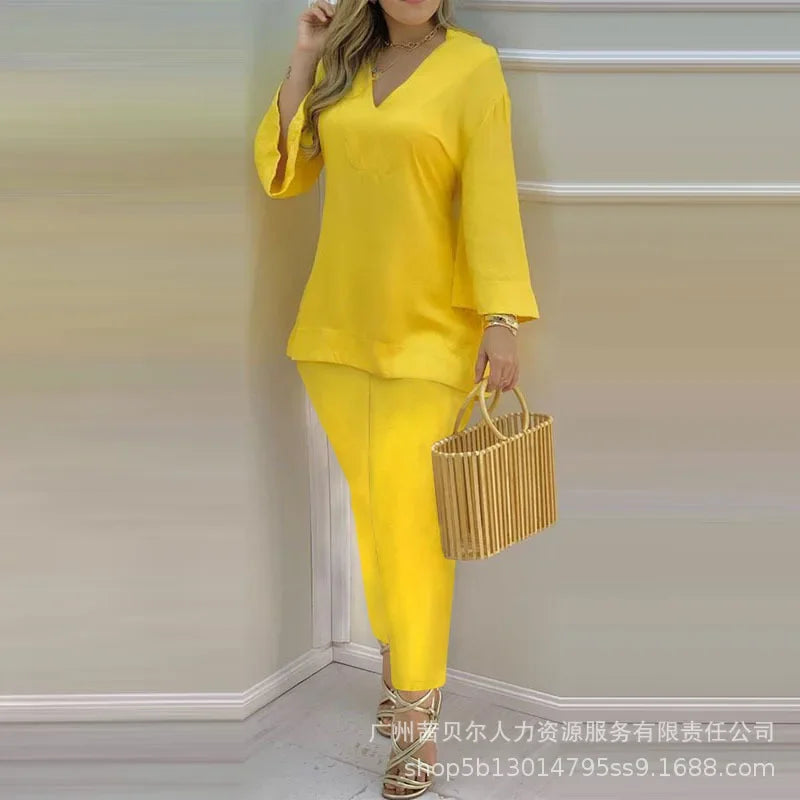 Women New 2pcs Clothes Set Long Sleeve V Neck Blouse Top High Waist Solid Color Shorts Pants Clothing Suit