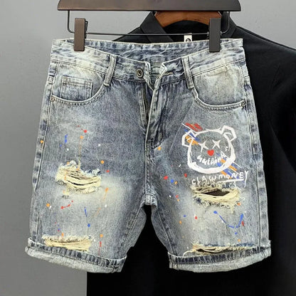 Mens Casual Y2k Cute Bear Print Ripped Denim Shorts Daily Versatile Youth Trend Personality Shorts Men's Clothing 2024 New