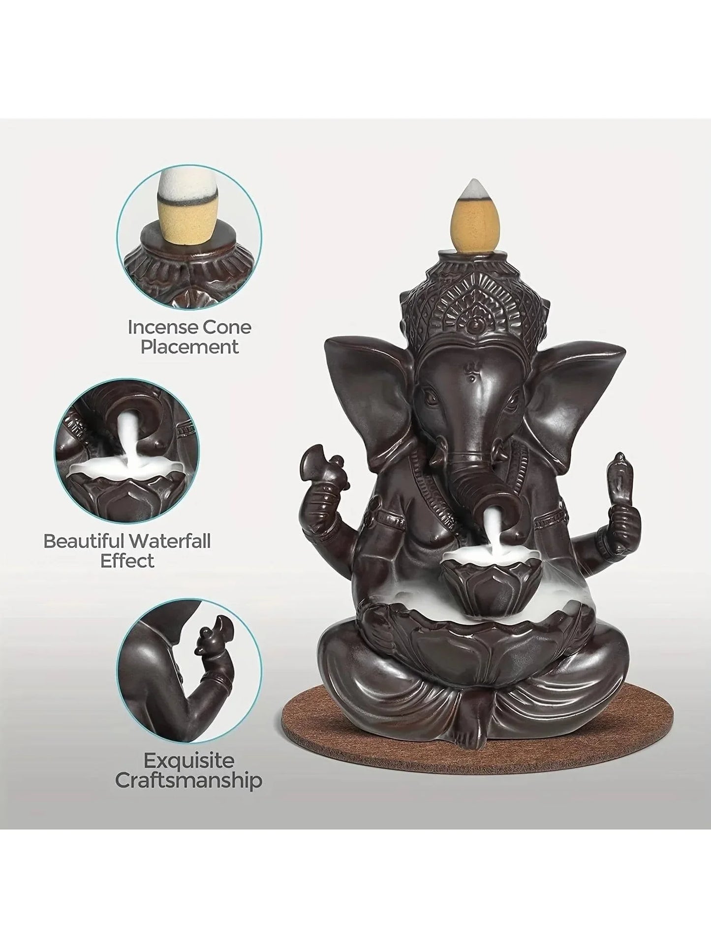 1pc Ganesha Waterfall Incense Burner, Ceramic Backflow Censer Incense Holder, Yoga Aromatherapy Elephant Ornament Home Decor