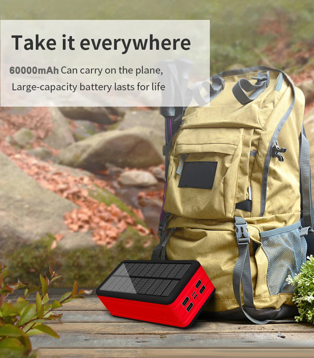 60000mAh Wireless Solar Power Bank Portable Phone Charger 4USB Outdoor Large Capacity External Battery for IPhone Xiaomi Samsung