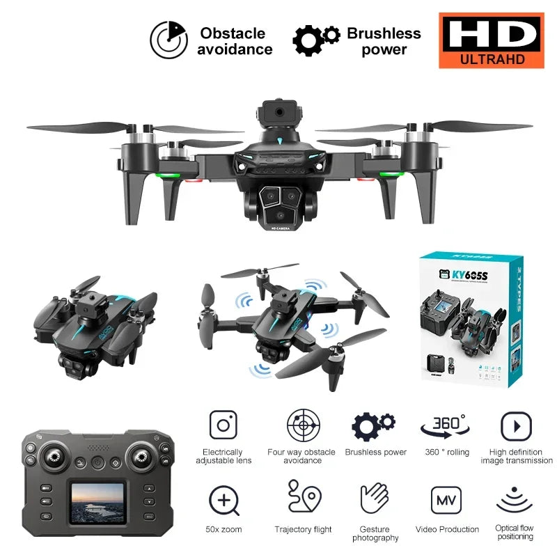 2024 New KY605S Screen Control Drone With Display Screen Obstacle AvoidanceThree Camera HD Aerial Photography Dron Toys Gift