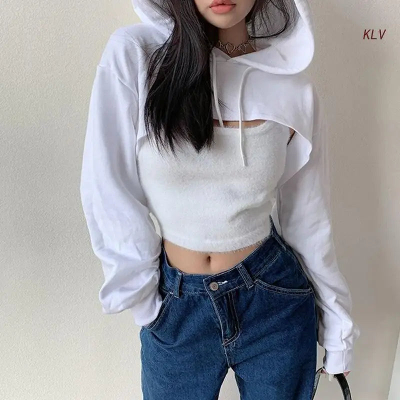 Womens Long Sleeve Cropped Hoodies Sweatshirt Aesthetic Punk Hip-Hop Dance Plain Sexy Rave Cutout Loose Super Crop Top