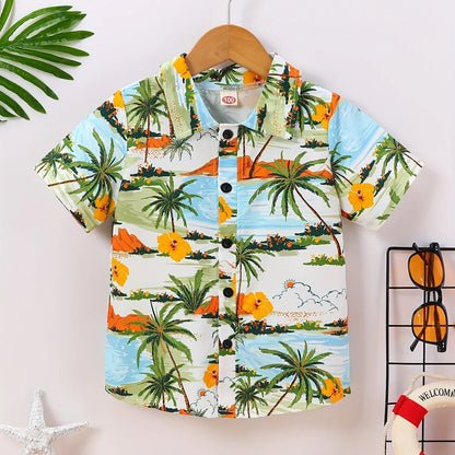 2024 Kids Clothes Boy Summer Shirt Beach and Palm Tree Theme Graphic 3D Print Shirt Casual Lightweight Short Sleeve Tee Shirt