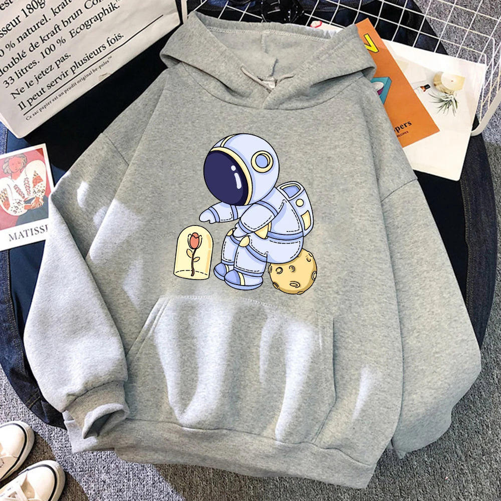 Funny Astronauts Protecting Flowers Pattern Female Clothes Fashion Warm Hooded Loose Casual Hoodies Fleece Pocket Women Pullover