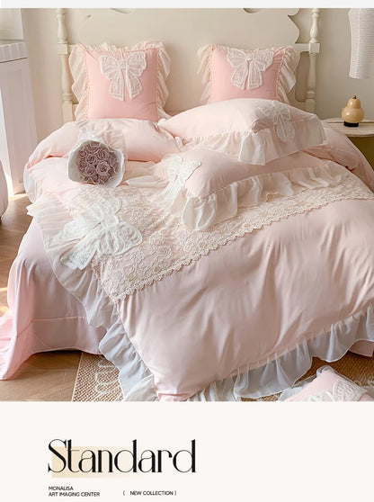 Korean Princess Bedding Set Coquette Lace Bow  Beauty Solid Color Lace Ruffle Comforter Sets Luxury Girls Wedding  Duvet Cover