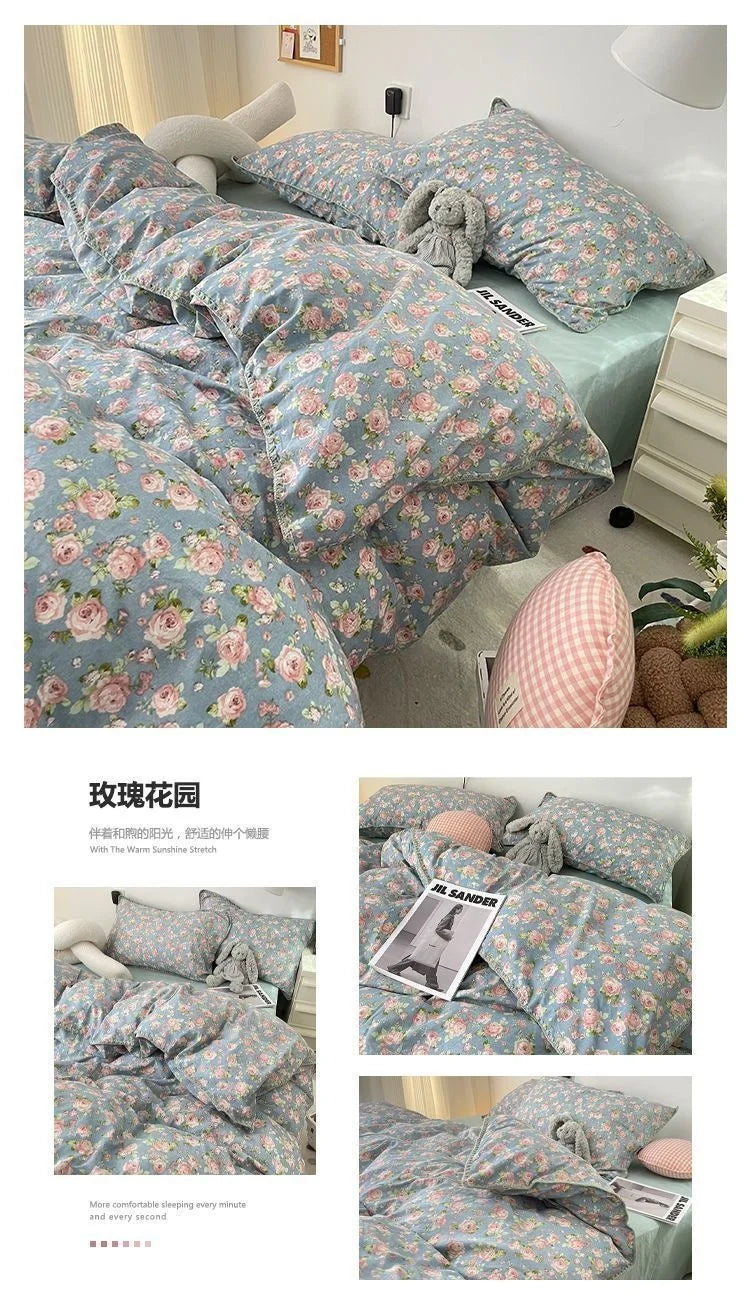 Bedding Set INS Girls Cherry  Soft Washed Cotton Bed Sheet Queen King Size Duvet Set  Comforter Set Pillowcase Bed Linens