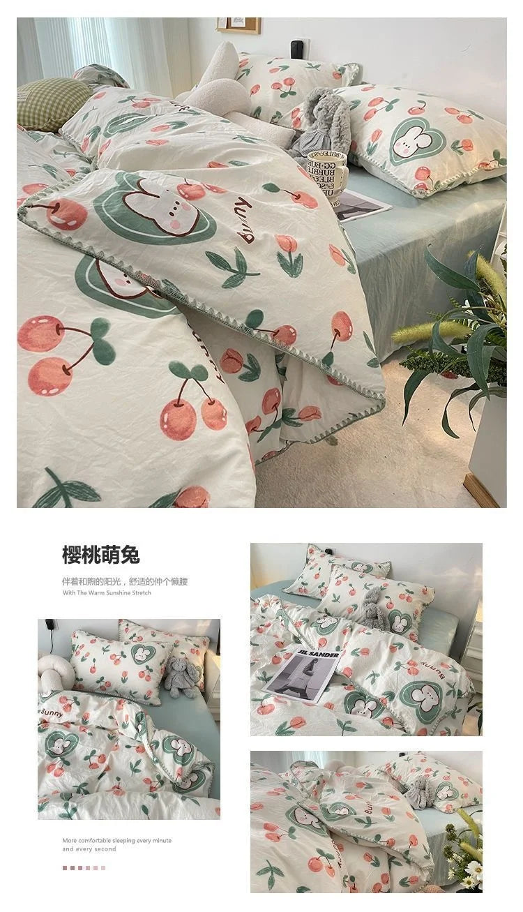 Bedding Set INS Girls Cherry  Soft Washed Cotton Bed Sheet Queen King Size Duvet Set  Comforter Set Pillowcase Bed Linens