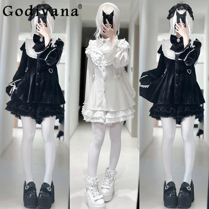 Women's Lolita Outfits Women's Mine Series Mass Production Japanese Slim-Fit Long Sleeve Velvet Dress and Shorts Two-piece Set