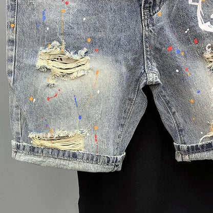 Mens Casual Y2k Cute Bear Print Ripped Denim Shorts Daily Versatile Youth Trend Personality Shorts Men's Clothing 2024 New