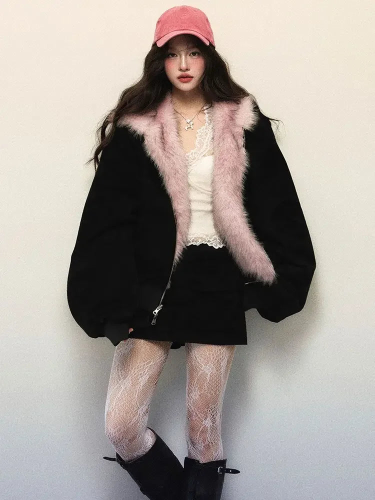 New Winter American Retro Pink Fur Hooded Workwear Thickened Short Jacket Skirt Two-piece Suit for Women