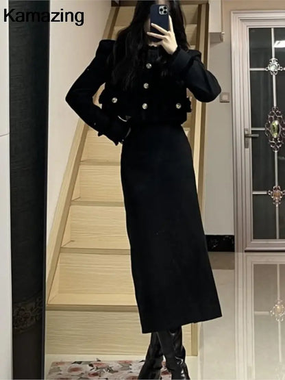 Korean Fashion Elegant Two-piece Skirt Sets Women Crop Jacket Coat Bodycon Midi Skirt Autumn Winter New Female Luxury Outfits