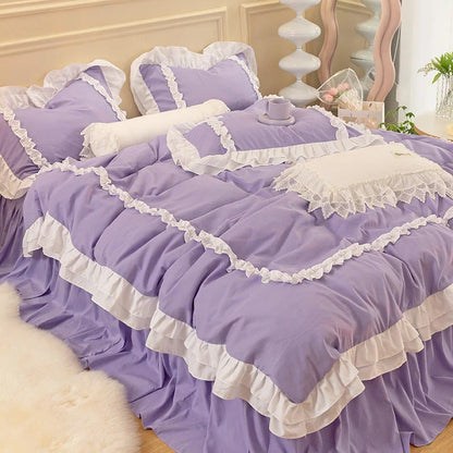 Korean Ins Bedding Set, Luxury Quilt Cover, Pillowcase Flat Bed Sheets, Simple Girl Princess Ruffle Home Textiles