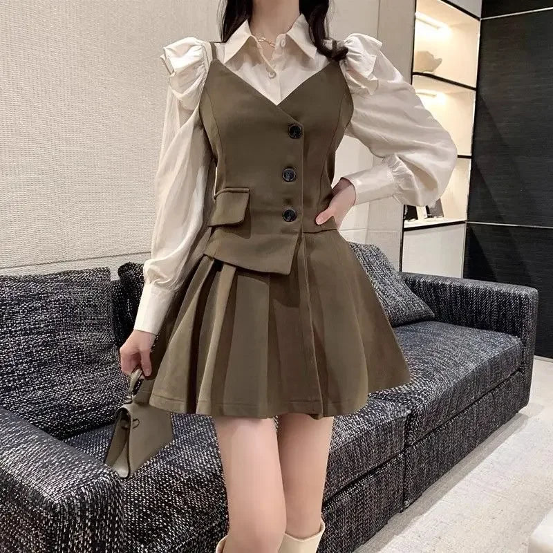 2024 Spring Autumn Women's Clothing Matching Sets Englad Style Retro Button Sling Suits Mini Dress Shirts Two Piece Outfits