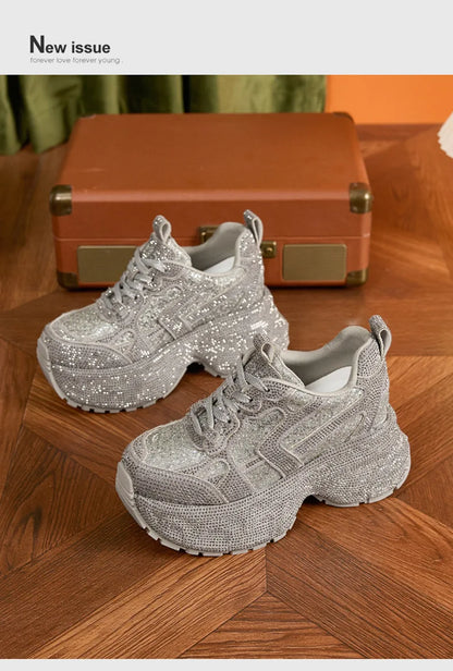 Women's Rhinestone Shoes Autumn Fashionable and Versatile Inner Height Increasing Women's Shoes Thick-soled Casual Sports Shoes