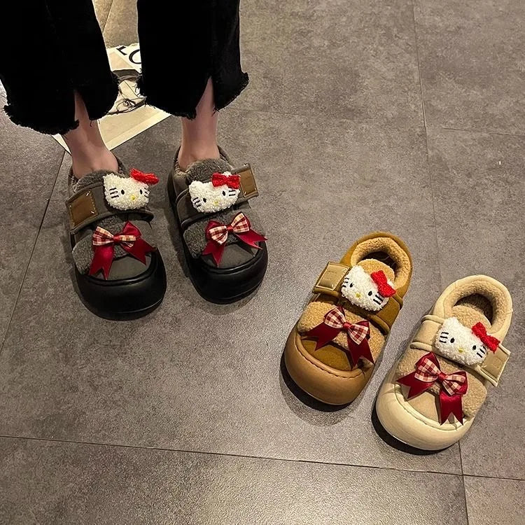 Hello Kitty Doll Casual Shoes for Women in Winter with Thick Velvet for Height Increase, Wearing Cotton Shoes Externally