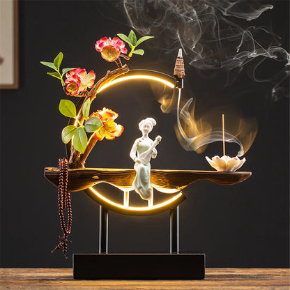 Ceramic Maid Wood Backflow Incense Burner with 20 cone USB Led Light Circle Lotus Buddha Beads Home Office Decoration Furnishing