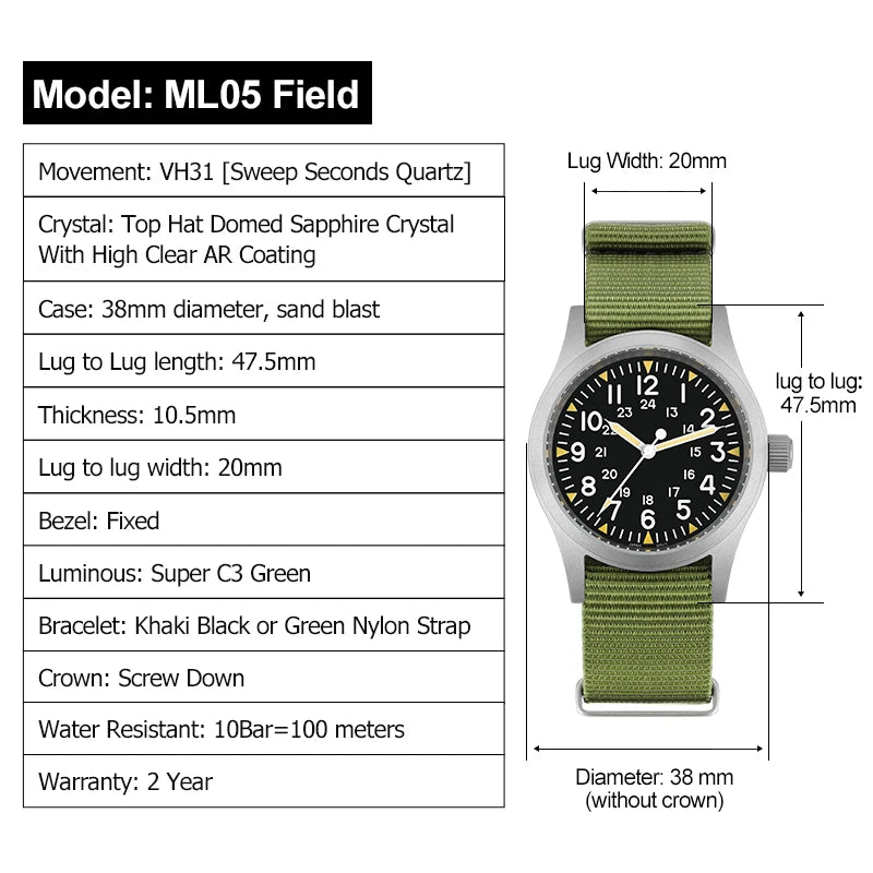 Militado ML05 Vintage Quartz Watch AR Sapphire Crystal Luminous VH31 Movement Watches 38mm Stainless Steel Men Wristwatch