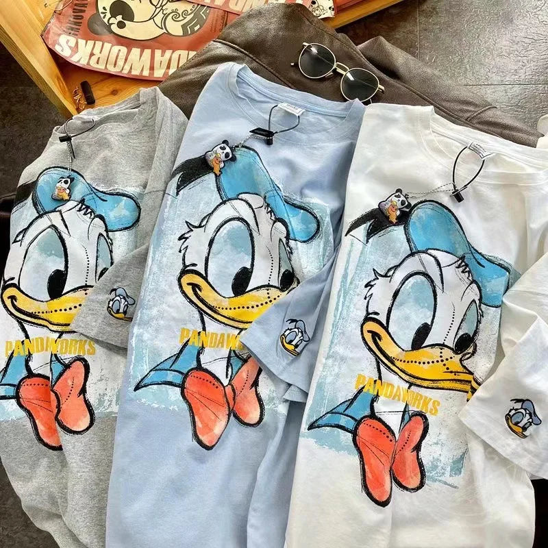 Cotton back collar summer new cartoon anime Donald Duck print round neck short sleeved T-shirt for men and women loose fit