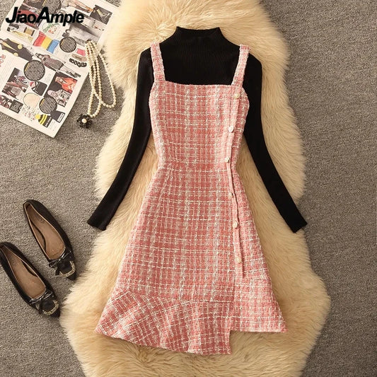 Autumn Winter Women Graceful Pink Tweed Vest Dress Sweater 1 or 2 Piece Set Asymmetric Overall Tank Dresses Knit Tops Outfits