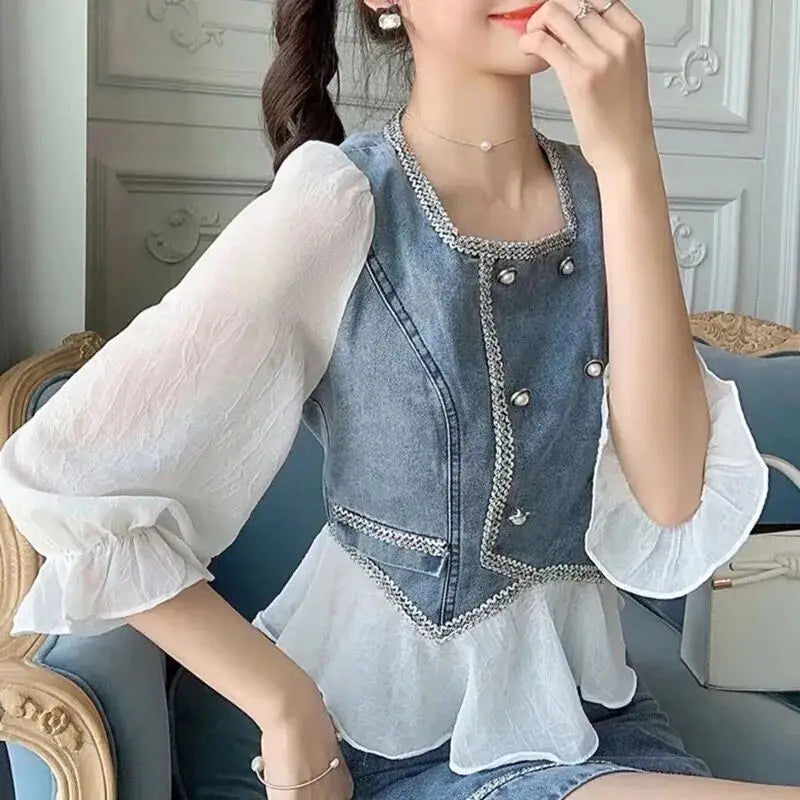 Commuting Denim Women's Two Piece Set Cotton Kawaii Office Skirt Female Outfits Formal Occasion Clothing Trend 2024 Korea Co Ord