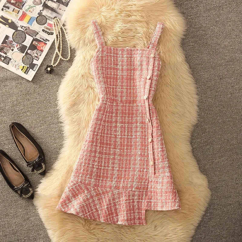 Autumn Winter Women Graceful Pink Tweed Vest Dress Sweater 1 or 2 Piece Set Asymmetric Overall Tank Dresses Knit Tops Outfits