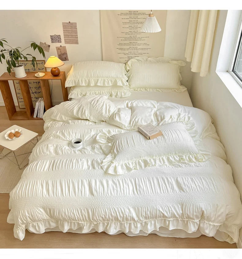 Ins Style Korean Bedding Set Lace Seersucker 4-piece Bed Sheet Set Quilt Cover Solid Duvet Cover For Girl Spring Decor Home