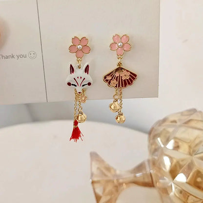 Women Eleagnt Chinese Flower Tassel Pendent Stud Earrings Cute Animal Dangle Drop Earrings Temperament Japanese Sakura Earrings