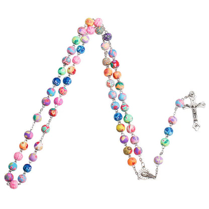 New Religion Cross Pendant Rosary Necklaces For Women Colorful Soft Pottery Beads long Chain Virgin Mary Jewelry