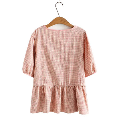 Plus Size Women's Clothing In Summer Wear Short Sleeve Cotton Small Square Pullover With Three Button Large Size Thin Loose Tops