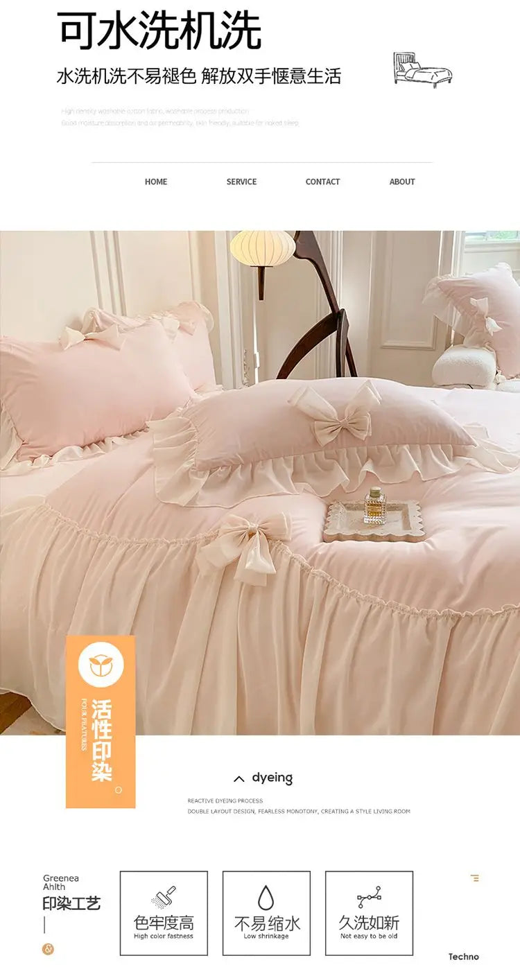 French Princess Style Bedding Sets Ruffle Lace Bow Quilt Cover Romantic Bedclothes Decor Woman Girls Bedroom Duvet Cover 4pcs