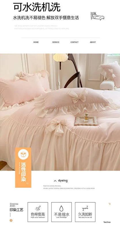 French Princess Style Bedding Sets Ruffle Lace Bow Quilt Cover Romantic Bedclothes Decor Woman Girls Bedroom Duvet Cover 4pcs