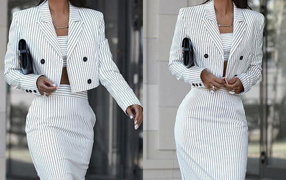 2pcs Women's Clothing Set Stripes Printed Casual Long Sleeve Button Blazer Jacket & High Waist Slim Skirt