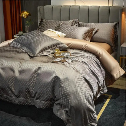 4/6Pcs Luxury Black Gold Yarndyed Jacquard Egyptian Cotton Smooth Duvet Cover Cal King Bedding Set Flat/Fitted Sheet Pillowcases