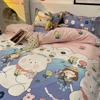 Ins Pink Flowers Bedding Set Fashion Flat Sheet Duvet Cover No Filling Pillowcase Twin Full Queen Nordic Boy Girl Bed Linen