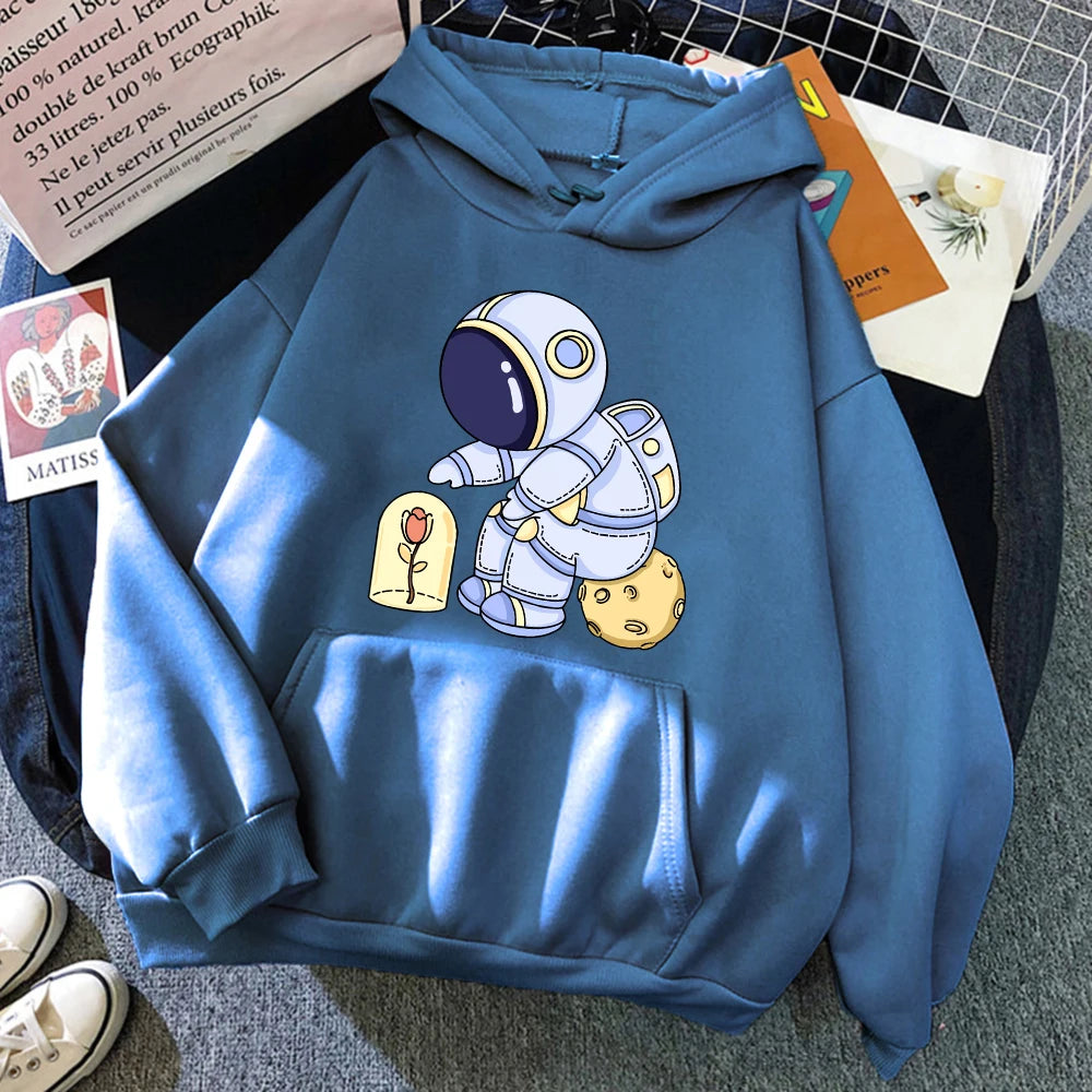 Funny Astronauts Protecting Flowers Pattern Female Clothes Fashion Warm Hooded Loose Casual Hoodies Fleece Pocket Women Pullover