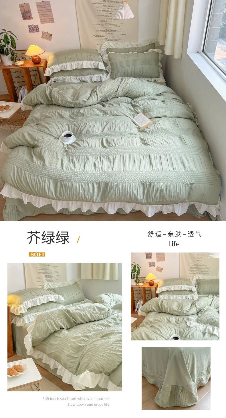 Ins Style Korean Bedding Set Lace Seersucker 4-piece Bed Sheet Set Quilt Cover Solid Duvet Cover For Girl Spring Decor Home