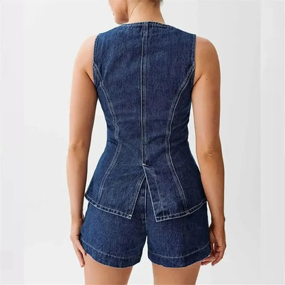 2024 Vintage Casual Denim Suits Back Split Women Sleeveless Button Splicing Slim Jacket Female Two Piece Sets High Waist Shorts