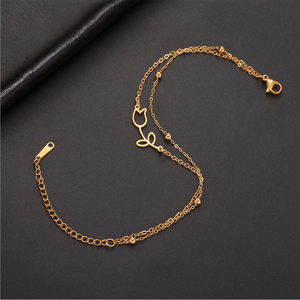 Kkjoy Fashion New Gold Color Stainless Steel Simple Adjustable Rose Flower Anklets For Women Leg Bracelets Jewelry Party Gifts