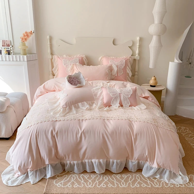 Korean Princess Bedding Set Coquette Lace Bow  Beauty Solid Color Lace Ruffle Comforter Sets Luxury Girls Wedding  Duvet Cover