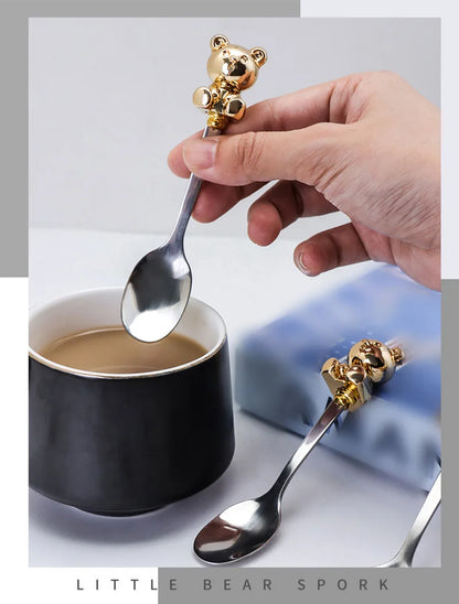 Korean Style Bear Coffee Dessert Spoon Fork 304 Stainless Steel Coffee Stirring Tea Dessert Scoop Cute Cartoon Bear Dinner Spoon